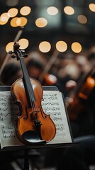 Violin on stand with blurred musicians in warm tones