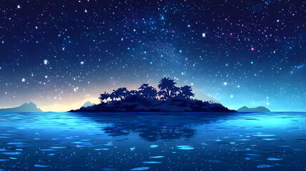 A serene tropical island under a starry sky, surrounded by clear blue waters, perfect for relaxation and escape. Starry Lagoon. Illustration