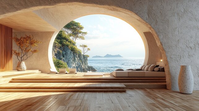 A beautiful and clean interior virtual background or backdrop for a yoga, zen, and meditation room, featuring a serene and calm natural organic scenic view of the ocean sea through a window