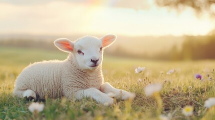 Obraz premium Fluffy lamb resting in a meadow surrounded by wildflowers and a vibrant rainbow