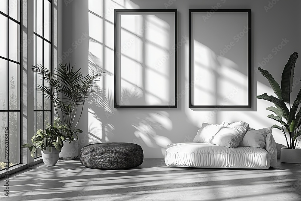 Poster set 5a modern living room with two mock-up frames on the wall. the design includes a 3d rendering of