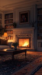Cozy living room with fireplace and family silhouettes