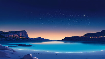 Balos lagoon's night magic: starry skies above turquoise waters, a greek sunset's lingering glow. Starry Lagoon. Illustration