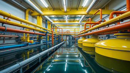 Fototapeta premium Industrial facility with vibrant pipes and large yellow tanks in a modern processing area