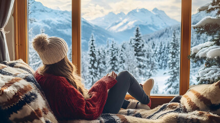Woman Relaxing and Enjoying Winter Mountain Views from a Cozy Cabin Window