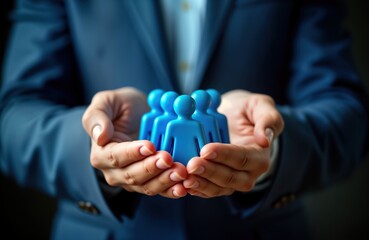 Businessperson gently holds small blue figures team. Care, protection for valued workforce. Valuable team members. Company values. Corporate culture. Employee loyalty. Business success. Teamwork. Pro