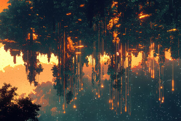 Obraz premium A surreal landscape where trees appear to be suspended in the air, glowing warmly at dusk.