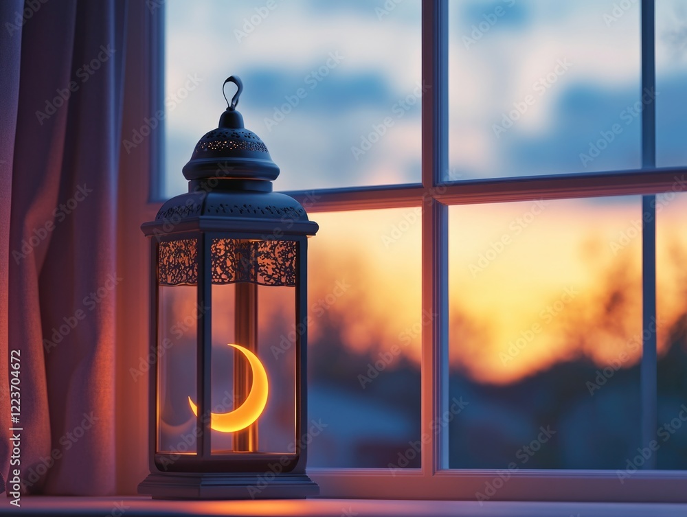 Poster a lantern with a crescent moon inside sits on a window sill. the light from the lantern casts a warm