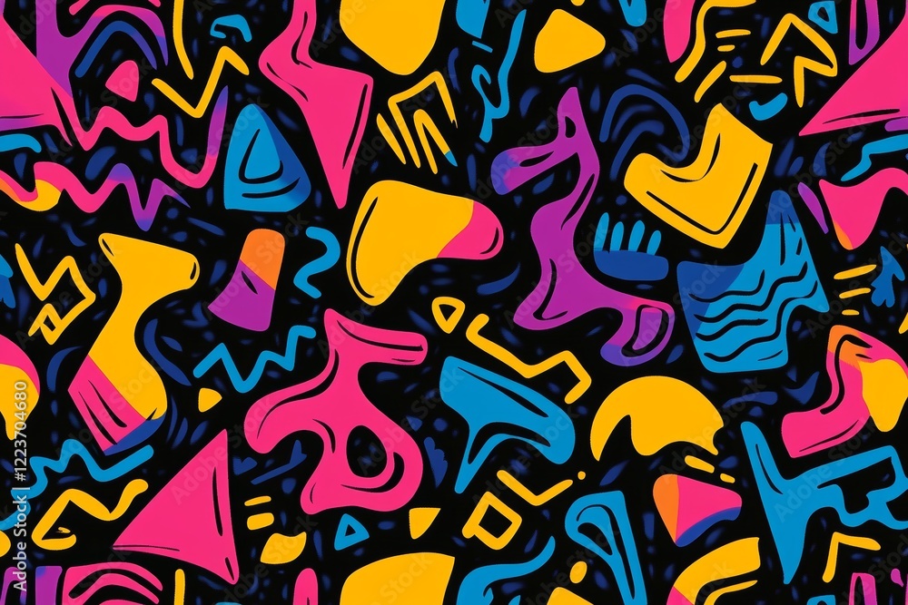 Poster bright neon colors create a dynamic abstract pattern featuring bold, irregular shapes and lines agai