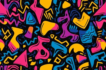 Obraz premium Bright neon colors create a dynamic abstract pattern featuring bold, irregular shapes and lines against a contrasting dark background, emulating lively energy.