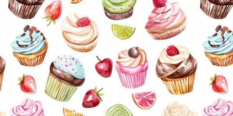 A watercolor painting of a variety of cupcakes and fruit. The cupcakes are in different colors and sizes, and the fruit includes strawberries, oranges, and limes. The painting has a playful