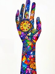 A captivating stained glass illustration of a hand starting from the wrist, imbued with vibrant geometric patterns and colors, exemplifying artistic craftsmanship.