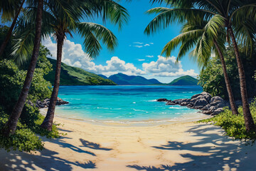A painting of a beach with palm trees on the shore