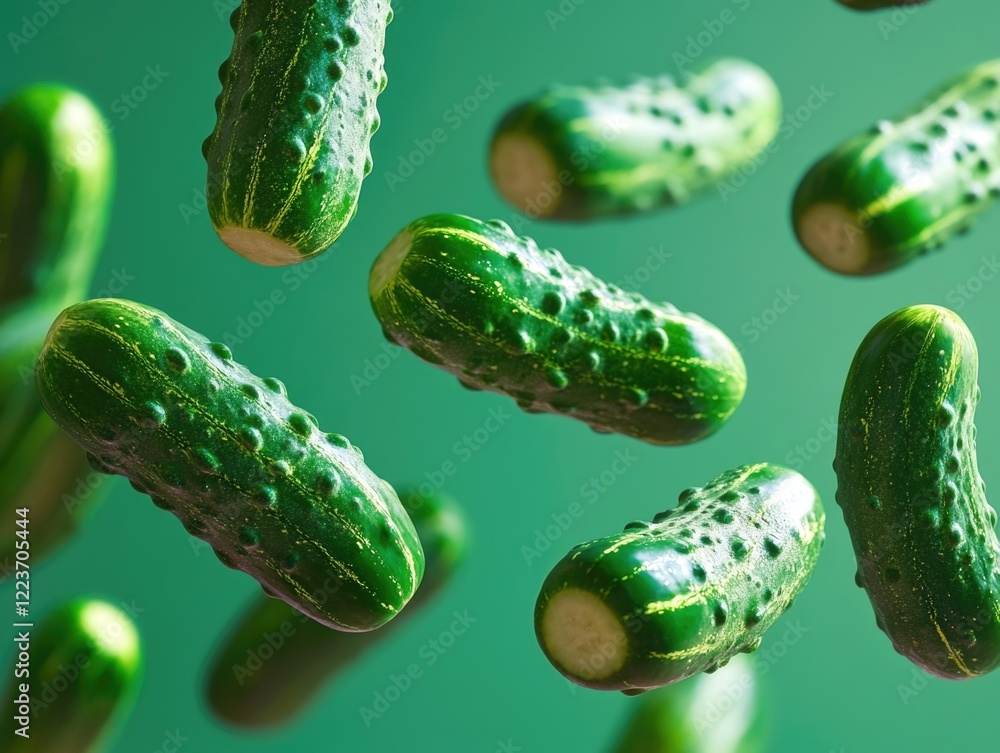 Poster a bunch of cucumbers are flying through the air. the cucumbers are green and have a striped pattern