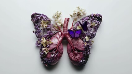 Сreative conceptual artwork featuring human lungs transformed into butterfly shape adorned with vibrant flowers and purple butterfly symbolizing respiratory health, purity, and beauty of clean air