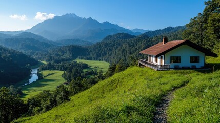 Mountain view house, hillside, valley, river, peaceful retreat, travel destination