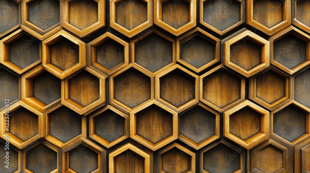 Poster a stylish geometric assembly of hexagonal wooden blocks, each texture-rich and artistically arranged