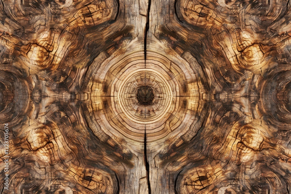 Poster the image is a close up of a piece of wood with a circular pattern. the wood appears to be old and h