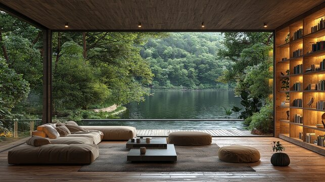 Online presentation teams meeting room background featuring a scenic bookshelf backdrop in an interior retirement home office library study, showcasing window views of trees and a water lake