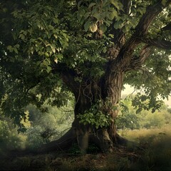 Fototapeta premium Majestic Ancient Tree in Lush Tranquil Forest Landscape