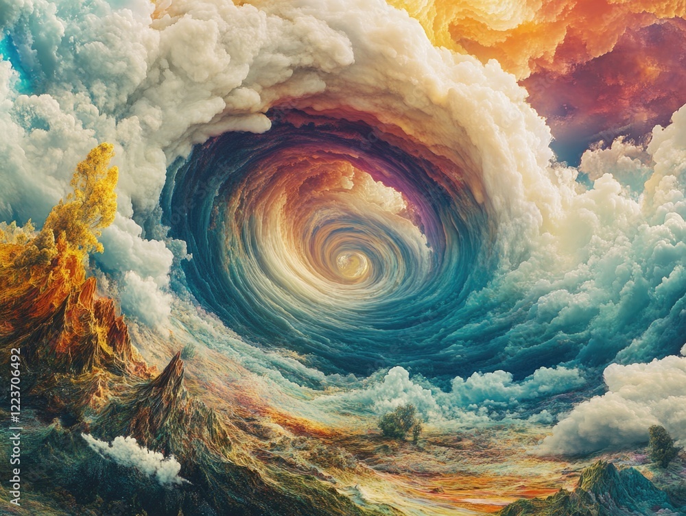 Poster a colorful swirl of clouds in the sky. the colors are vibrant and the clouds are moving in a spiral.