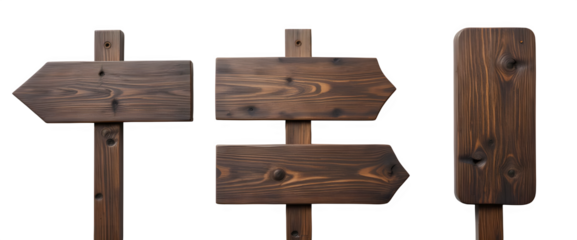 Three wooden directional signs, each with different numbers of arrows, are positioned against a pure white background.  The signs are a dark brown color, showcasing visible wood grain patterns. 