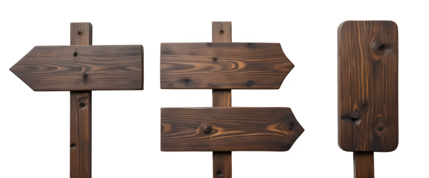 Three wooden directional signs, each with different numbers of arrows, are positioned against a pure white background.  The signs are a dark brown color, showcasing visible wood grain patterns. 