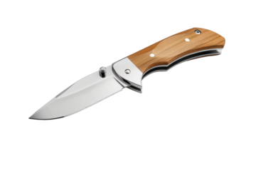 A sleek folding knife with a wooden handle reflecting natural light in a minimalist setting isolated on transparent background