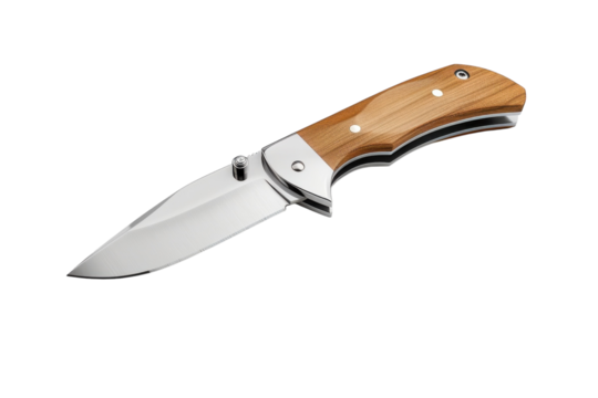 A sleek folding knife with a wooden handle reflecting natural light in a minimalist setting isolated on transparent background
