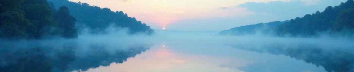 Fototapeta premium Silvery-blue vapors dance above a serene lake at dawn, water, morning, dewy