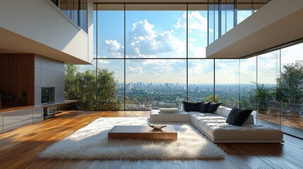 Modern penthouse living room with expansive windows, perfect as a Zoom background. Concept: Modern Living Room, Penthouse Design, Large Windows, Zoom Background