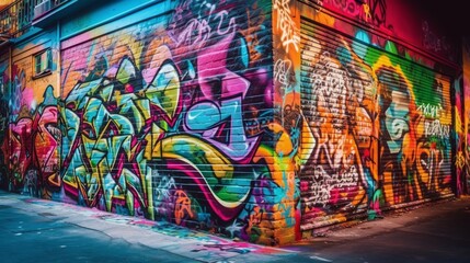 A vibrant display of graffiti adorns the walls of an urban alleyway, showcasing a diverse palette of colors and creative street art that exudes energy and expression.