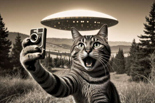 surreal image of a cat with amazed expression taking a selfie in front of a large illuminated ufo floating in the air