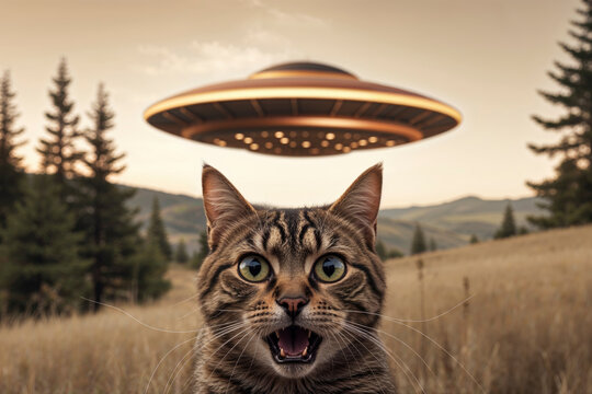 surreal portrait of a cat with expression of amazement in front of a large illuminated ufo floating in the air