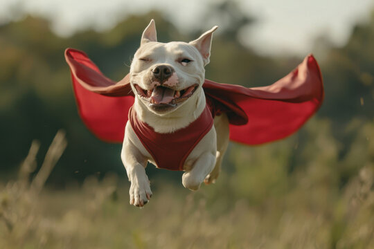A small superhero dog leaping through the air, wearing a red cape against a clear blue sky.