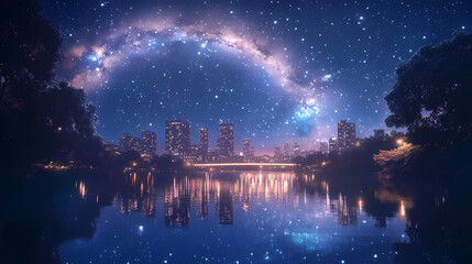 Obraz premium Breathtaking milky way arch over a tranquil cityscape with reflections on a calm river for night sky enthusiasts and cosmic-themed designs. Starlit Arch. Illustration