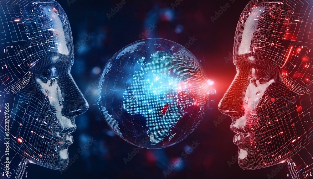 Poster two ai robots face each other, with a glowing digital globe between them, symbolizing global connect