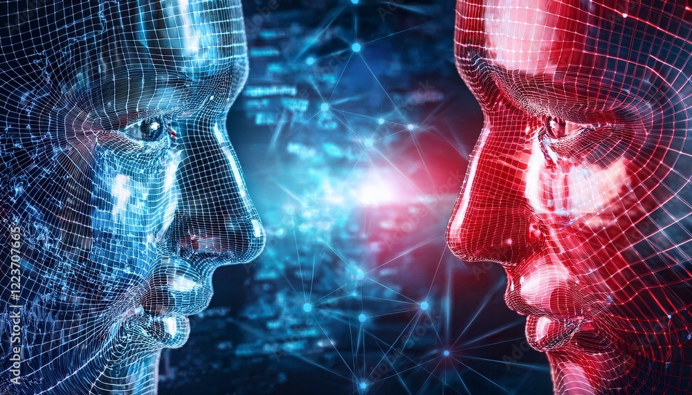 Poster digital faces, one blue and one red, facing each other in a digital space. the image evokes a sense 