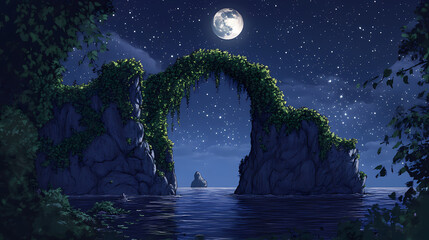 Crescent moon arching over a lush green vine bridge connecting two rocky islets on a tranquil, starlit night. Starlit Arch. Illustration