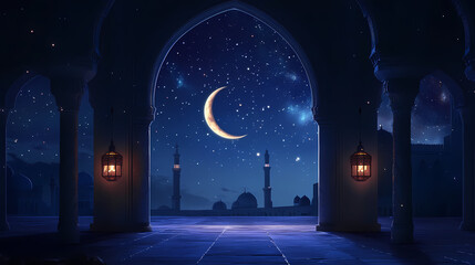 Naklejka premium Crescent moon night, islamic architecture, starlit sky, ramadan celebration. Starlit Arch. Illustration