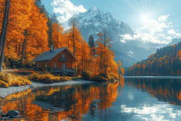 Fototapeta premium Hintersee lake gleams in the autumn sunrise. breathtaking morning vista of Bavarian Alps at the Austrian border, Germany, Europe. A backdrop showcasing nature's beauty