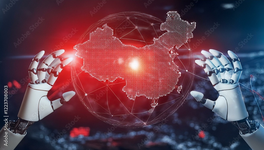 Poster a pair of robotic hands holding a digital globe with china highlighted. the futuristic setting evoke