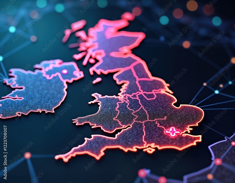 Poster Futuristic map of Great Britain. Networked tech map with glowing neon lines, dots. Abstract concept of British island interconnected in digital network. Modern technology, future interconnectedness