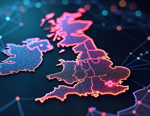 Futuristic map of Great Britain. Networked tech map with glowing neon lines, dots. Abstract concept of British island interconnected in digital network. Modern technology, future interconnectedness