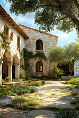 Obraz premium A stone building with arches and a stone walkway in front of it