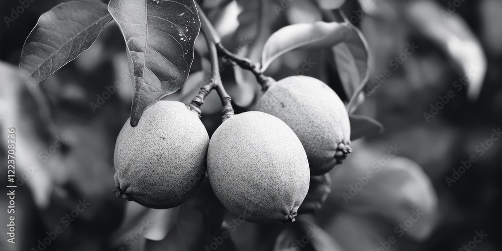 Poster three lemons are hanging from a tree branch. the lemons are small and have a rough texture. the imag