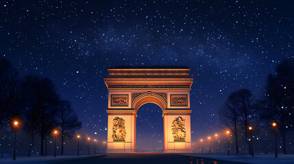 Fototapeta premium Majestic illuminated arch at night, starlit sky backdrop. Starlit Arch. Illustration