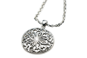 Elegant silver pendant with a floral design, set against a minimalist backdrop, embodies fine jewelry artistry isolated on transparent background