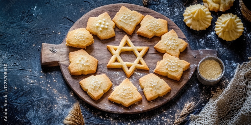 Poster a tray of cookies with a star of david on it. the cookies are arranged in a circle and are decorated