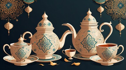 A vector design of a traditional tea pot and cups, decorated with Ramadan motifs, isolated on white.